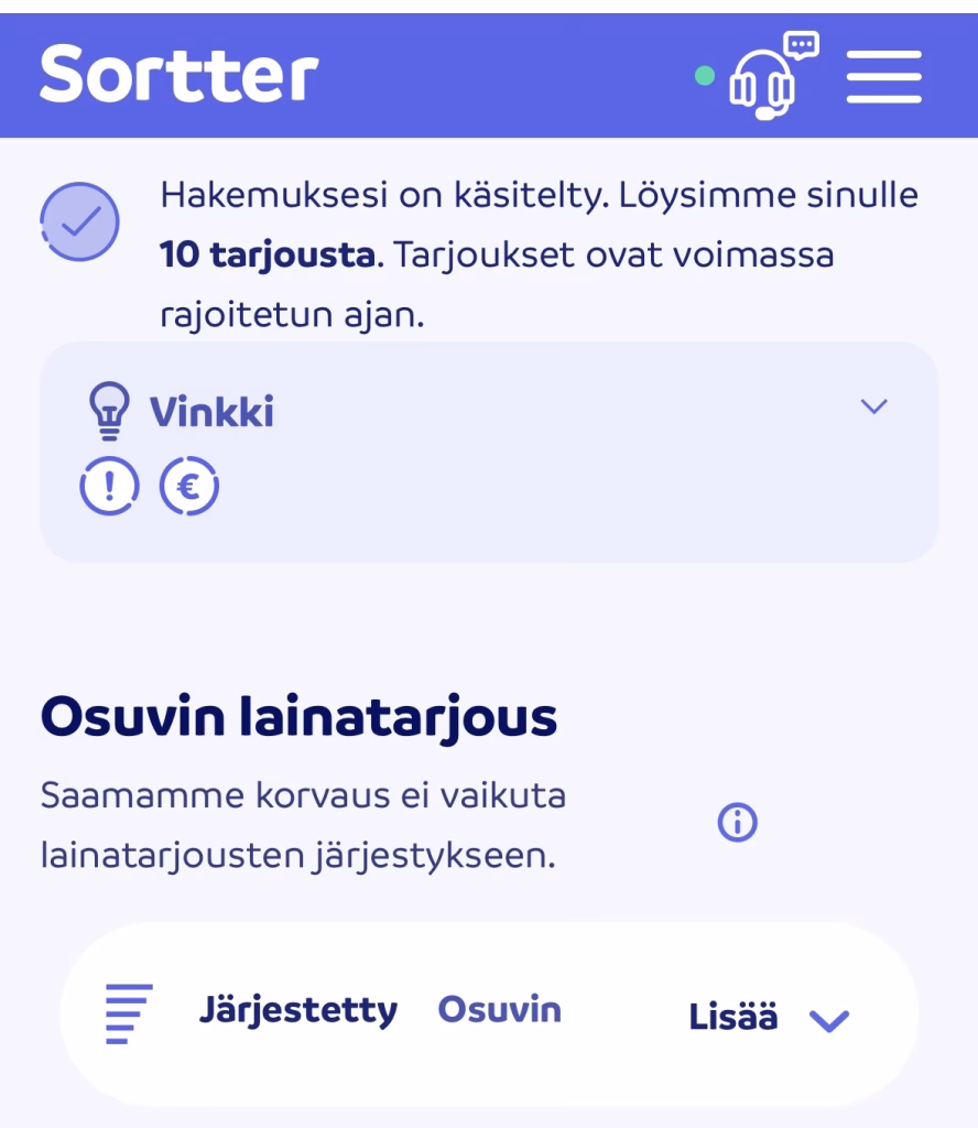 Sortter hakemus, kun kilpailutat lainan